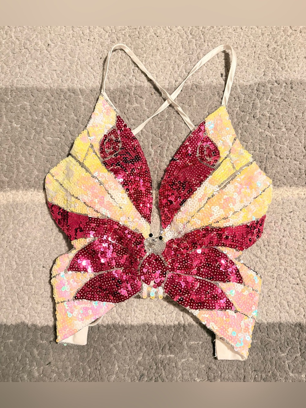 Sequin Sparkly Butterfly Vintage V Neck Open Tie Back Crop Top in Pink & Yellow